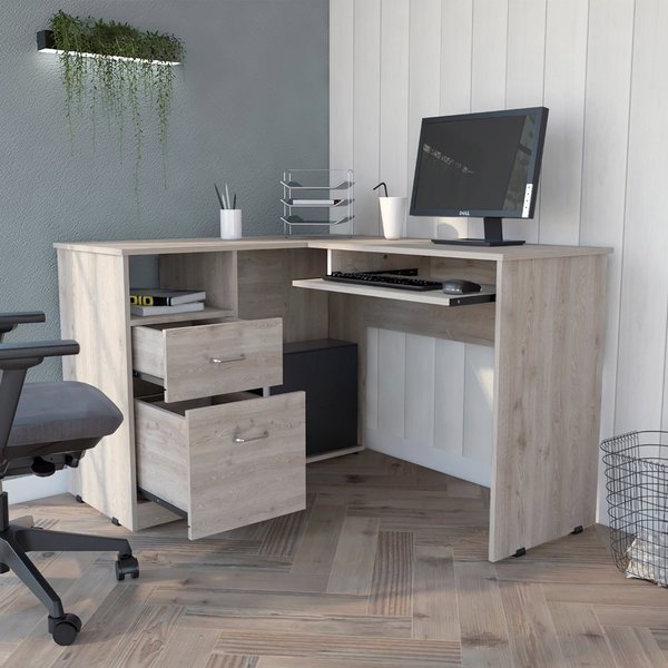 Tuhome Mix L-Shaped Desk, Keyboard Tray, Two Drawers, Single Open Shelf, Light Gray ELZ5702